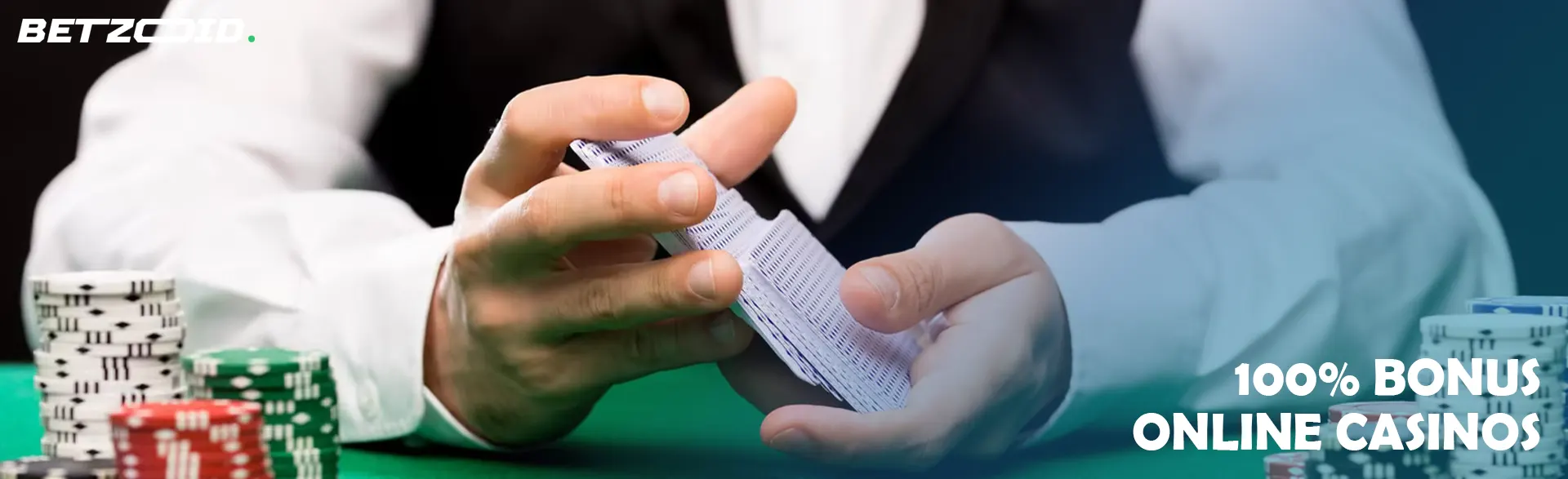 The player shuffles the cards next to the casino chips.