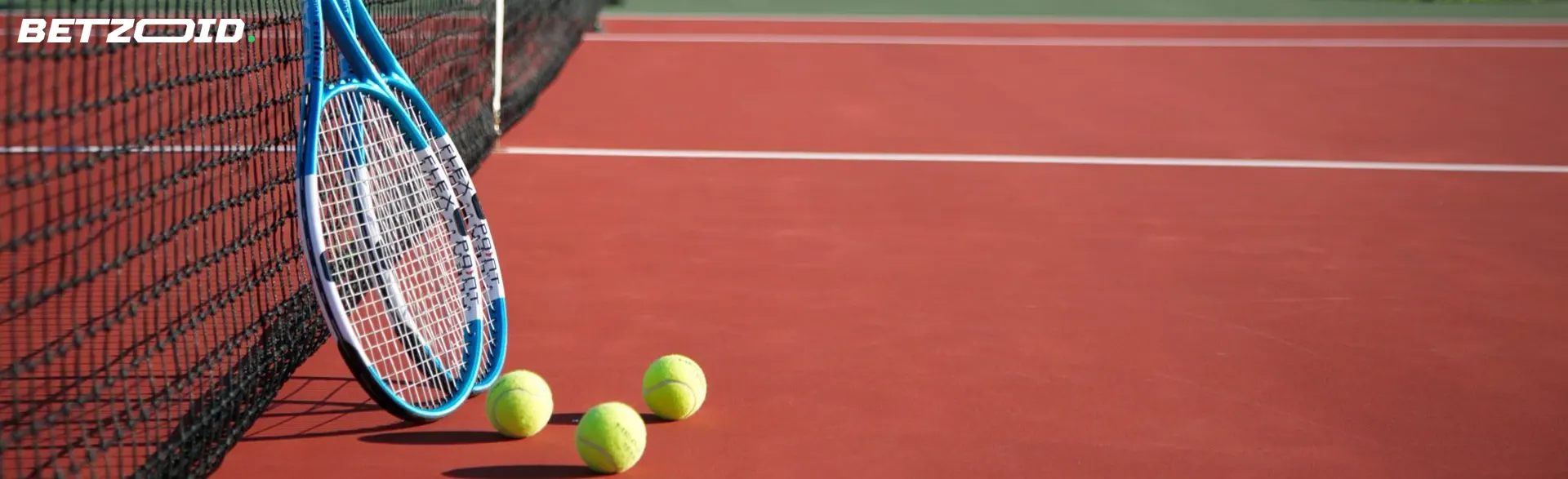 Tennis balls and rackets stand in the net on the court.