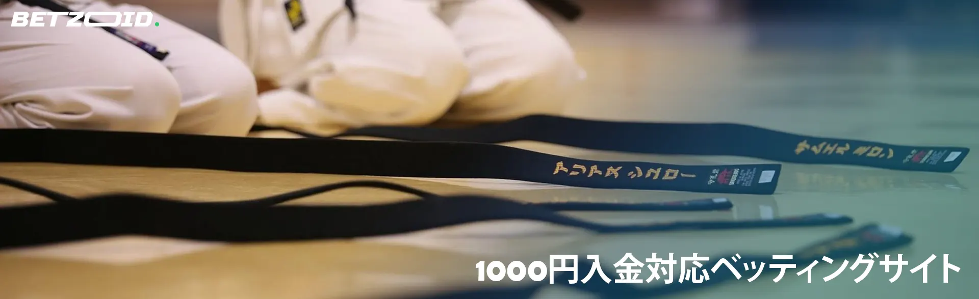 数人の空手家がいくつかの帯のそばに座っています。