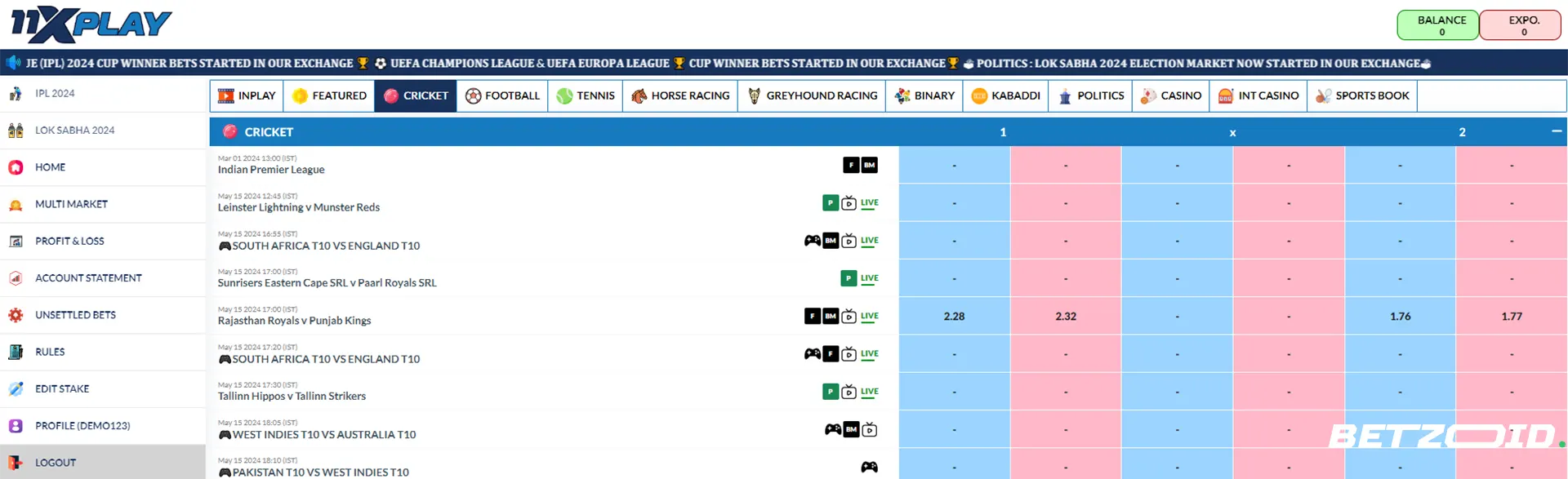 11xplay cricket betting interface in India.