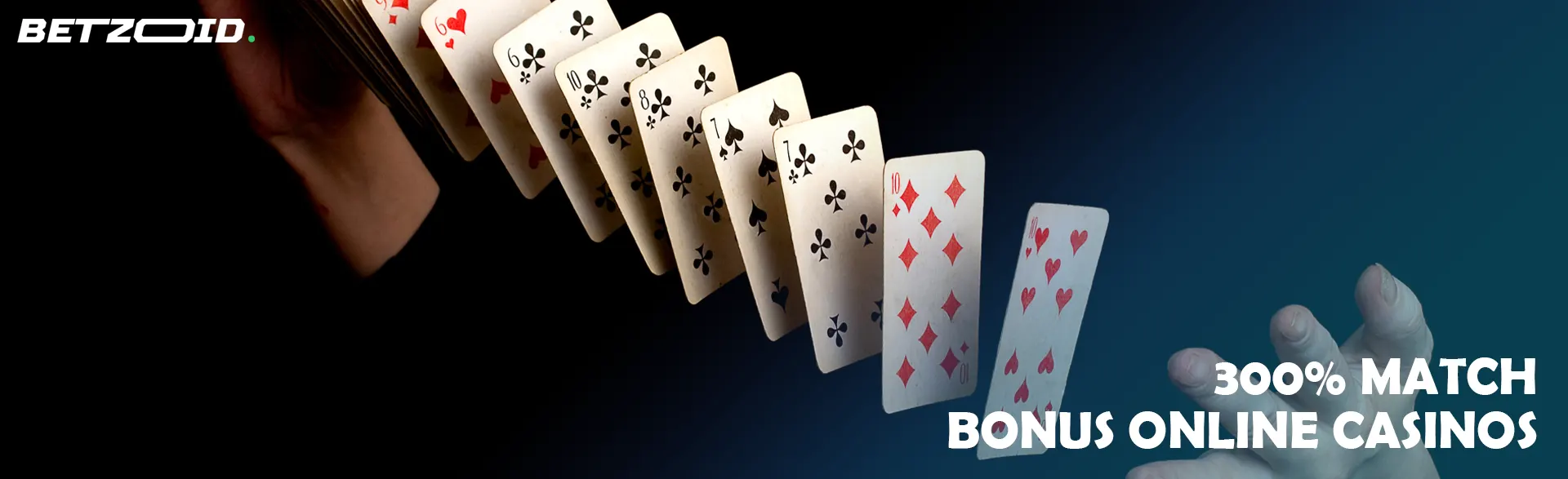 A man shuffles cards on a dark background.