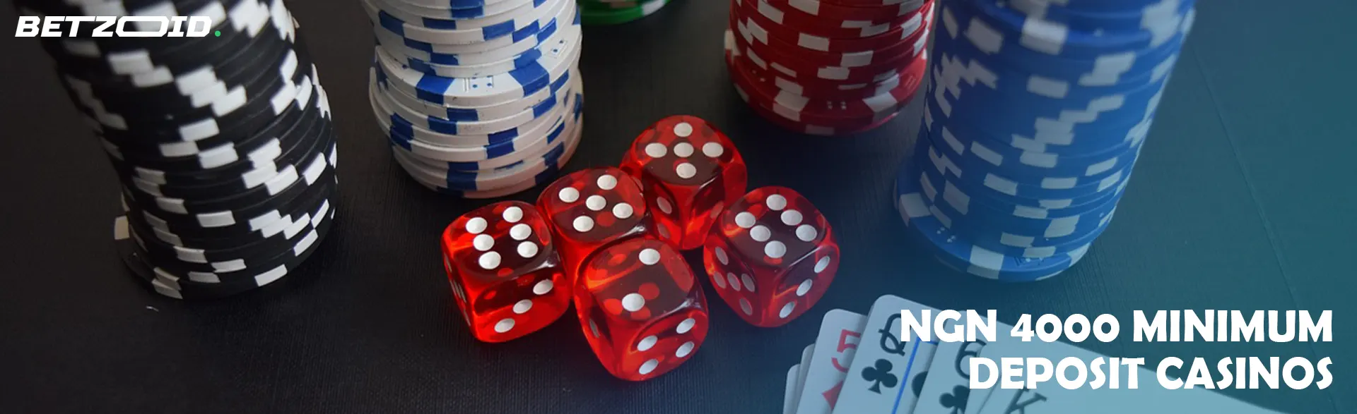 The cubes are surrounded by stacks of casino chips.