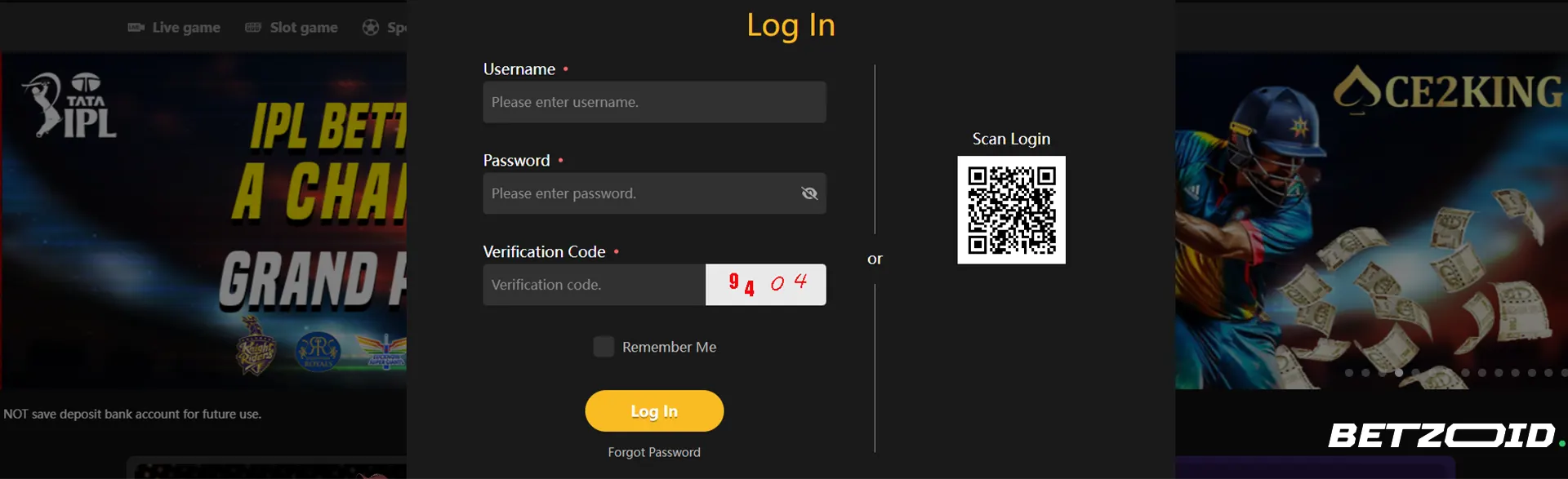 Ace2King user login interface.
