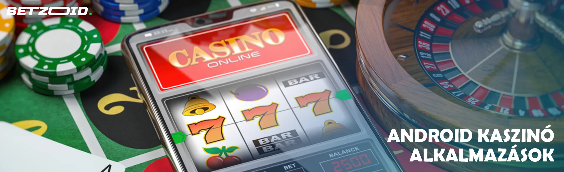 Okostelefon kaszinó zsetonokkal, kártyákkal és ruletttel körülvéve.