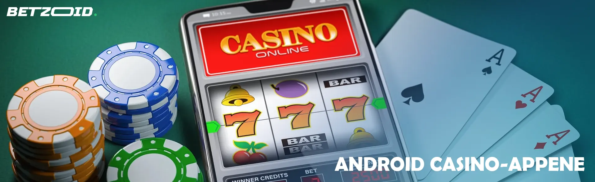 Smarttelefon med nettcasino omgitt av sjetonger og kort.