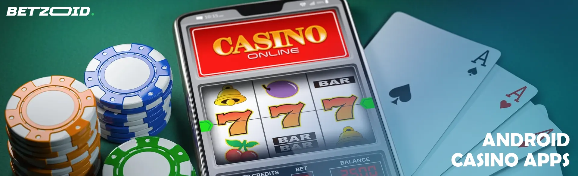 Online casino on the smartphone screen surrounded by chips and cards.