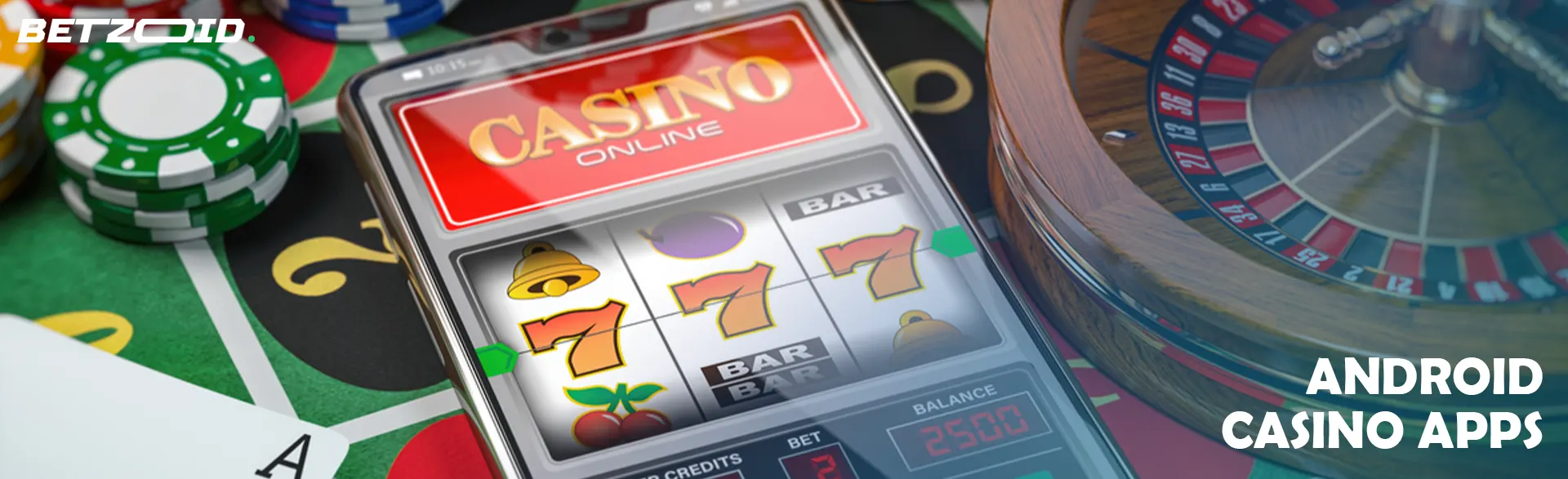 Online casino on a smartphone screen surrounded by casino chips, cards and roulette.