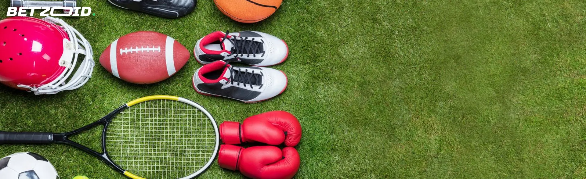 Various sports equipment lies on the grass.