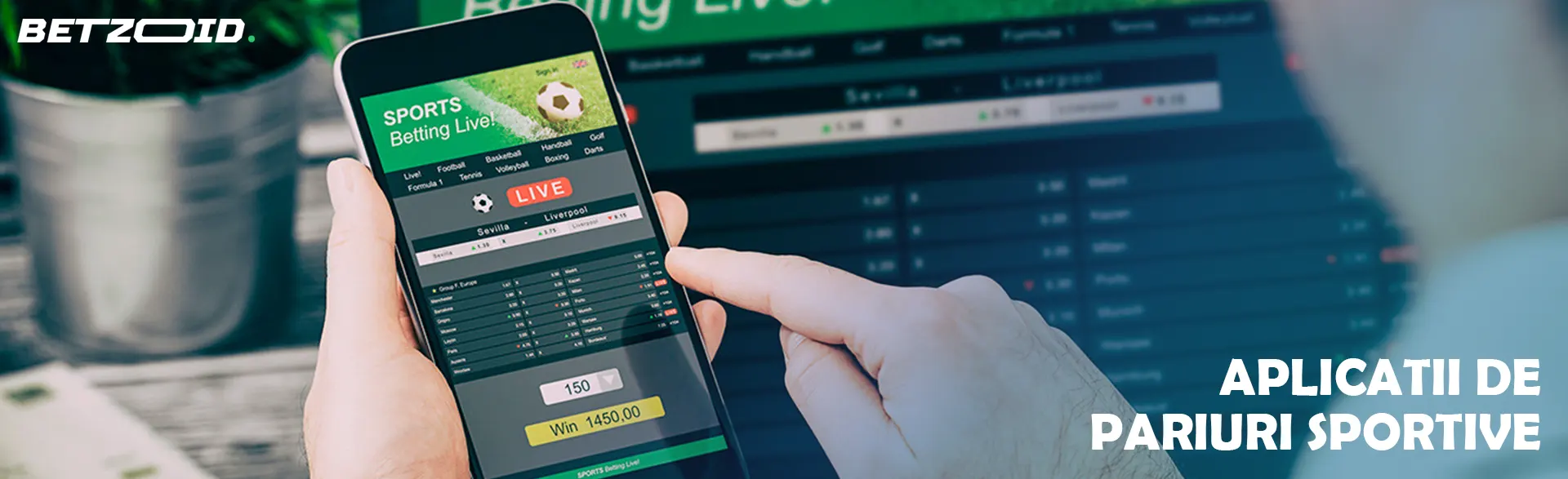 Un bărbat ține în mână un smartphone cu o aplicație de pariuri.