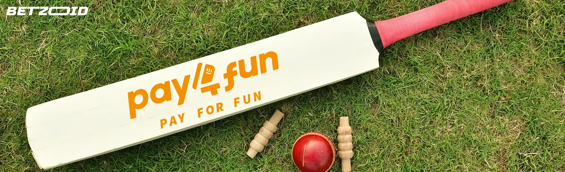 Logotipo da Pay4Fun em um taco de críquete ao lado de uma bola de críquete.