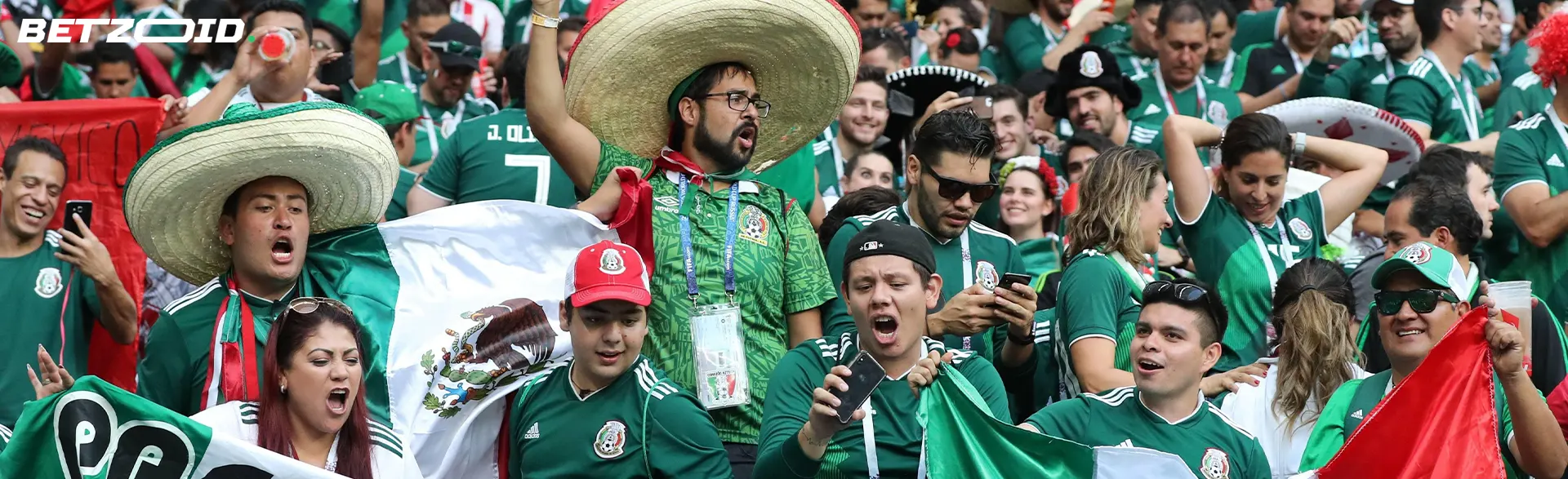 Aficionados al fútbol luciendo símbolos mexicanos en el estadio.