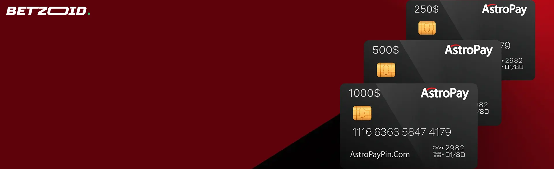 Several AstroPay cards on a red background.