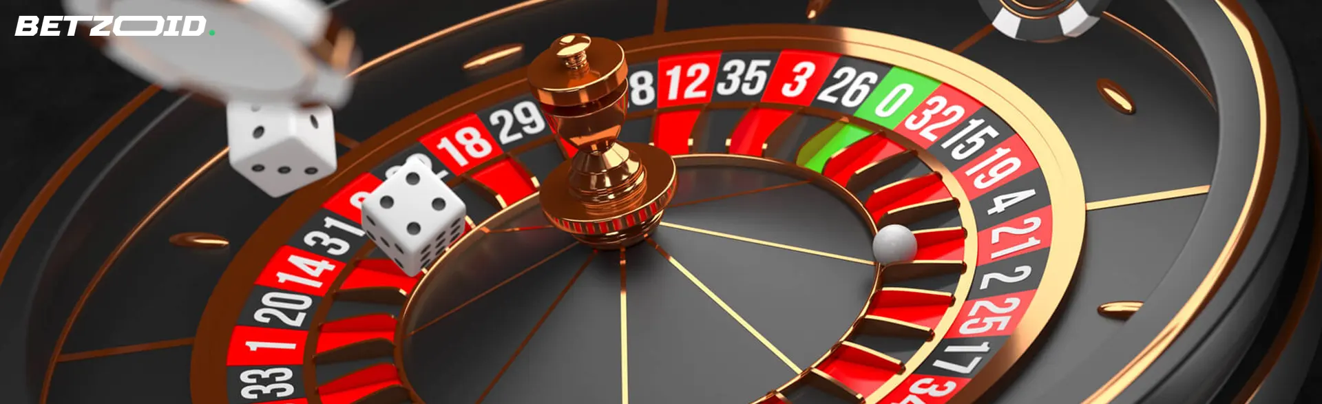 Ruota della roulette nera con dadi e fiches.