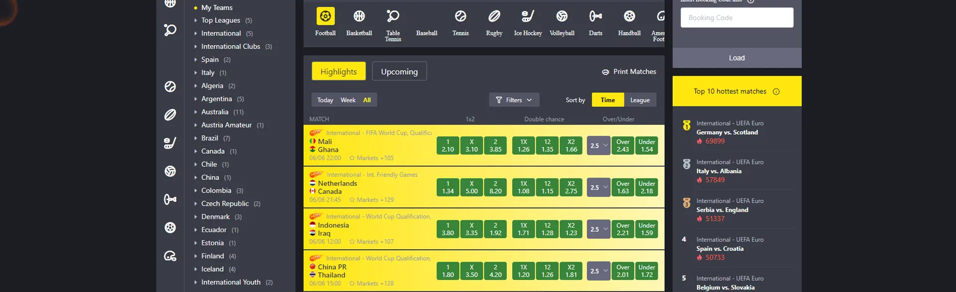 Page with football matches on Bangbet.