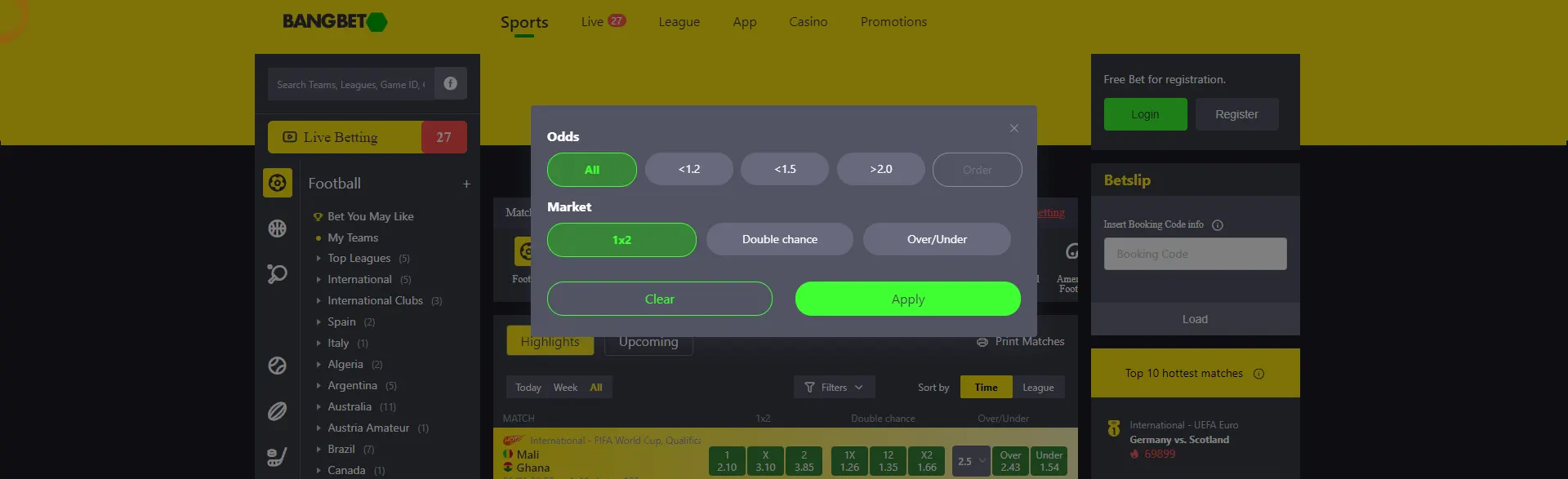 Page with variants of odds and market on Bangbet.