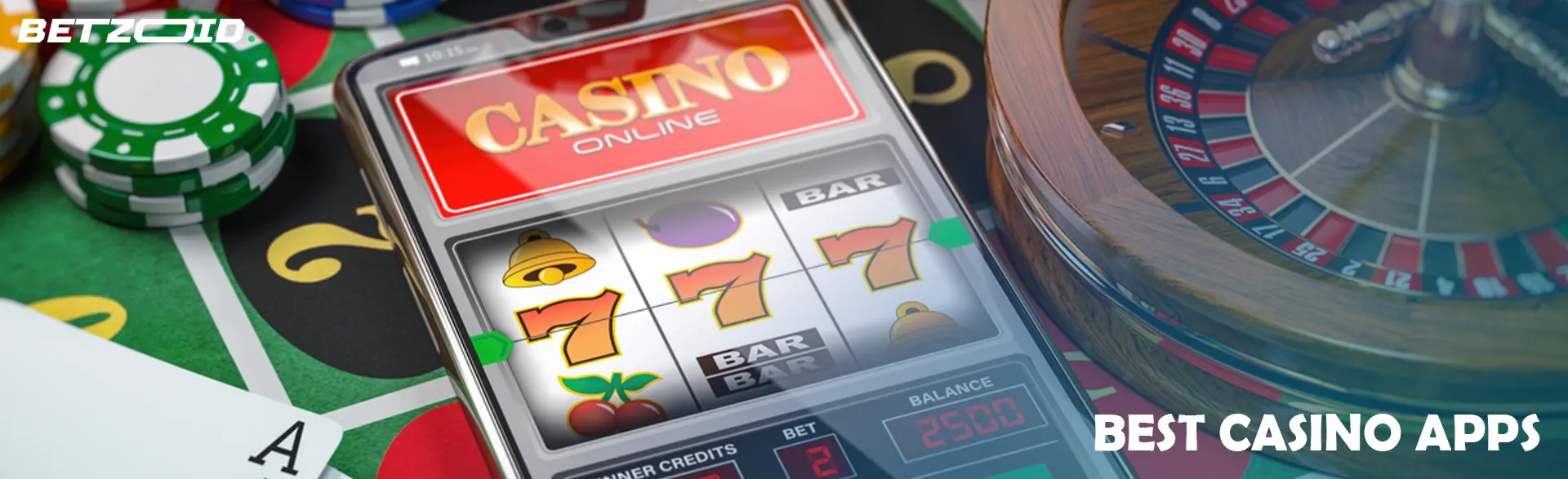 Online casino on a smartphone screen next to a roulette wheel and chips.