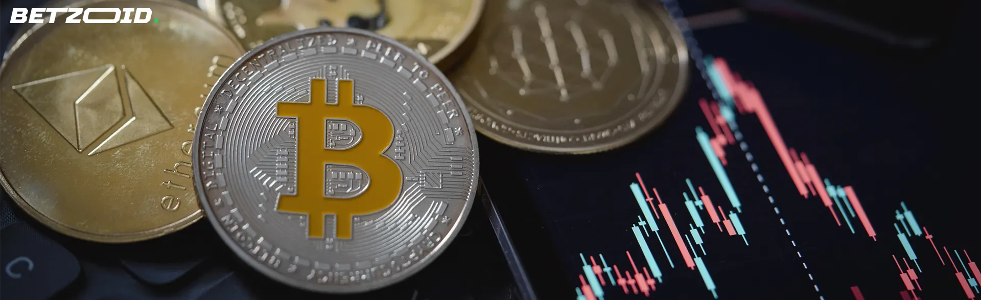 Assortment of cryptocurrency coins including Bitcoin and Ethereum placed on a financial chart, representing the best crypto betting sites in Canada.
