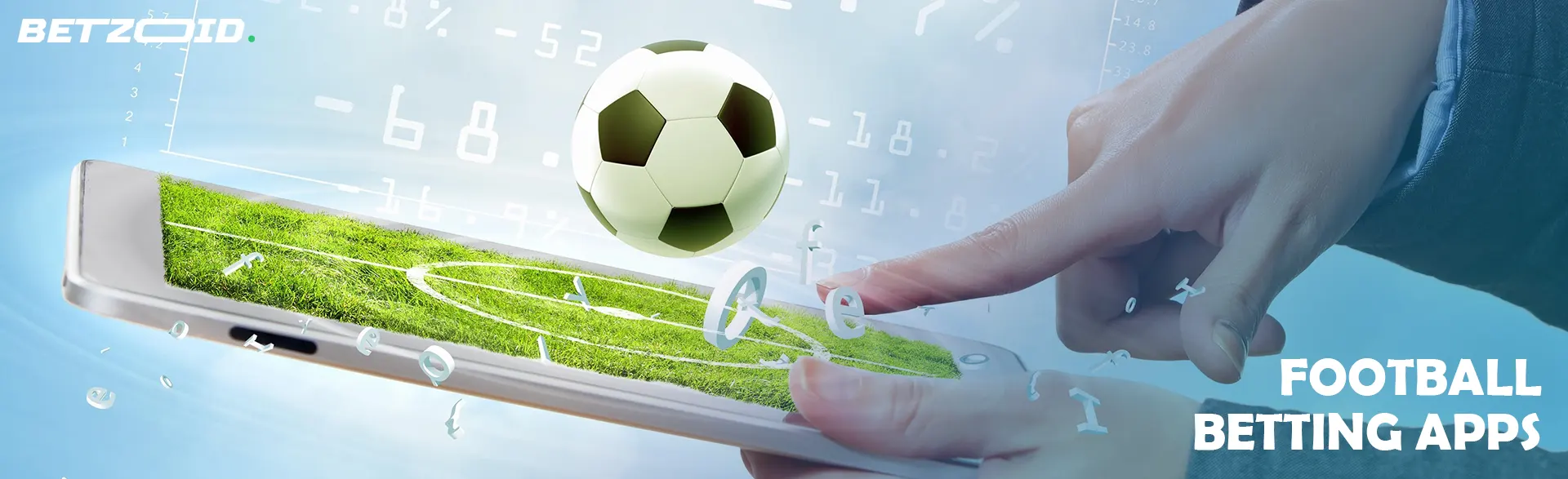 A person is touching a smartphone screen with a soccer field and a ball on the screen.