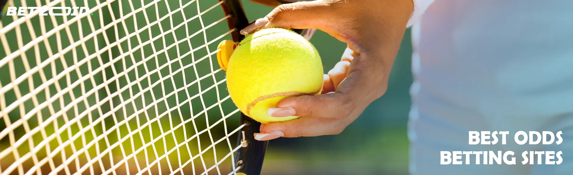 The tennis player put the tennis ball for the racket.