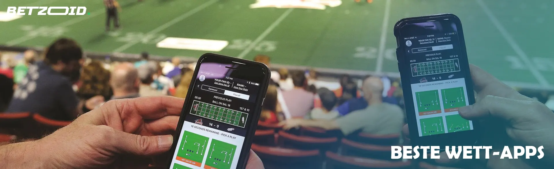 Menschen auf der Tribüne halten Smartphones mit Wetten in der Hand.