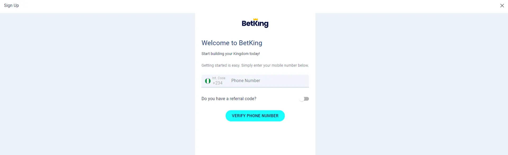 Page with registration form on BetKing.