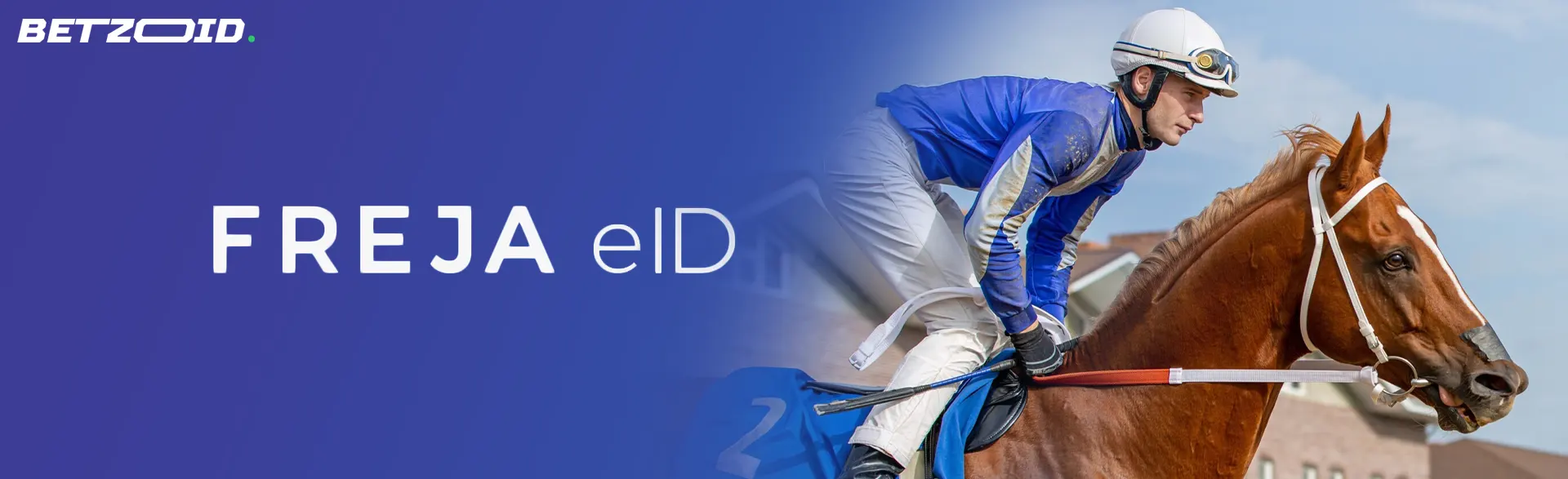 Jockey på en häst bredvid Freja eID-logotypen.