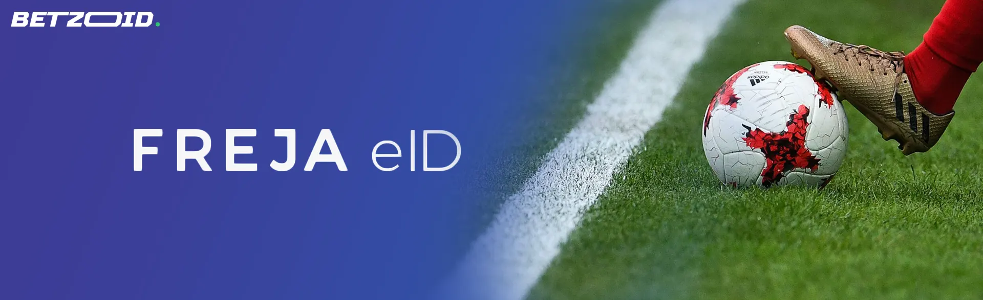 En fotbollsspelare håller bollen med foten bredvid Freja eID-logotypen.