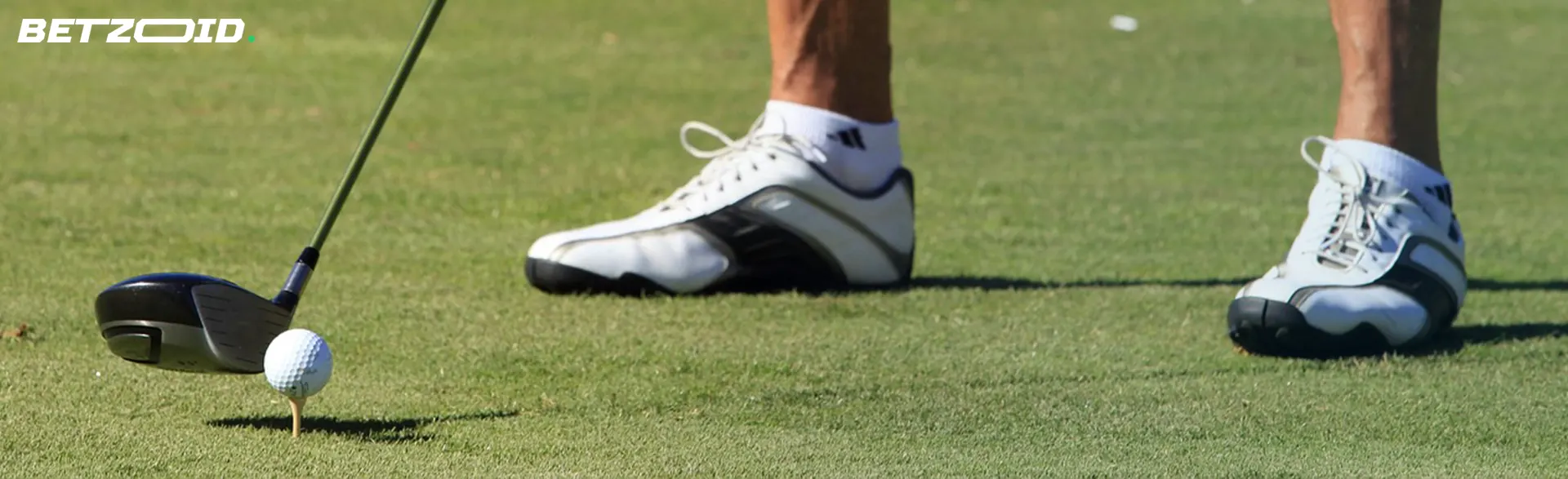 Playing golf on a green lawn, golf club approaching the target.