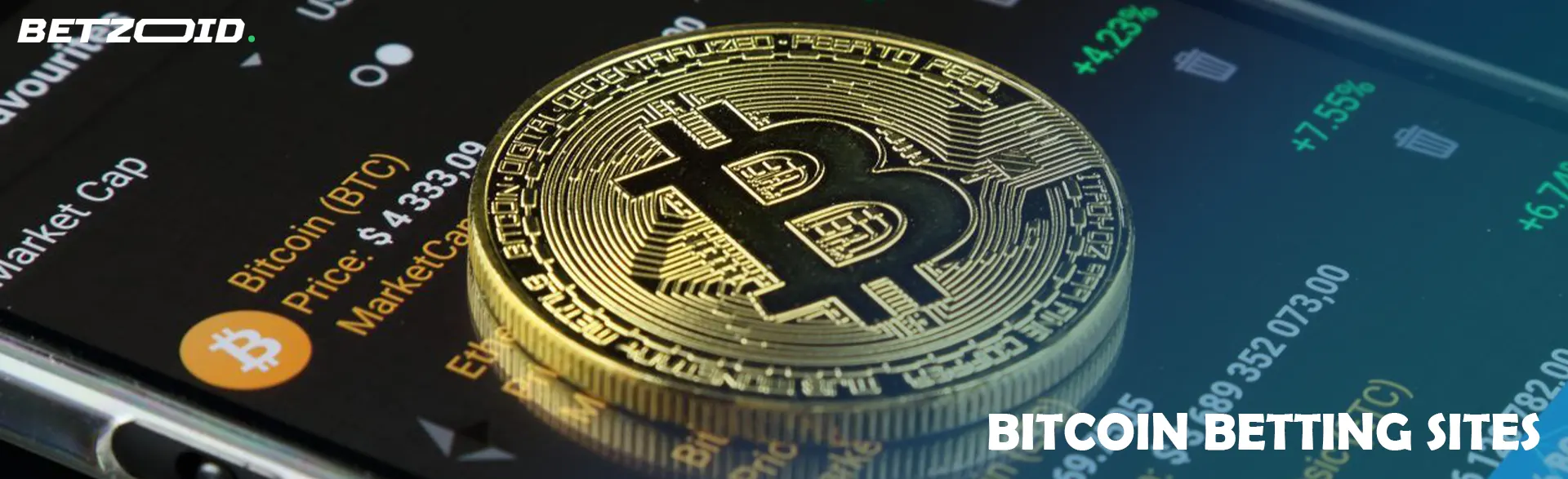 Bitcoin coin on smartphone screen.