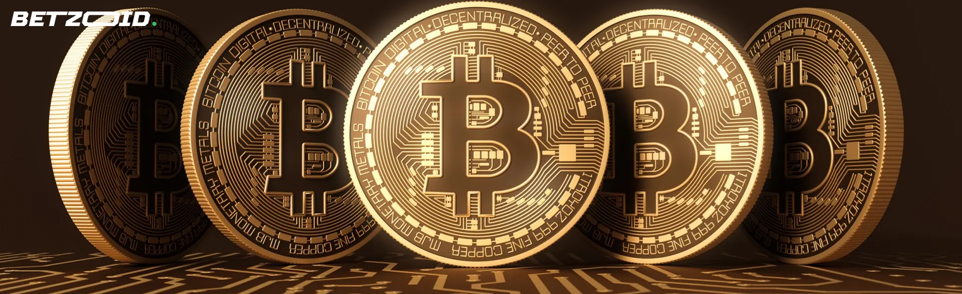 Cinco monedas de oro con logo bitcoin.