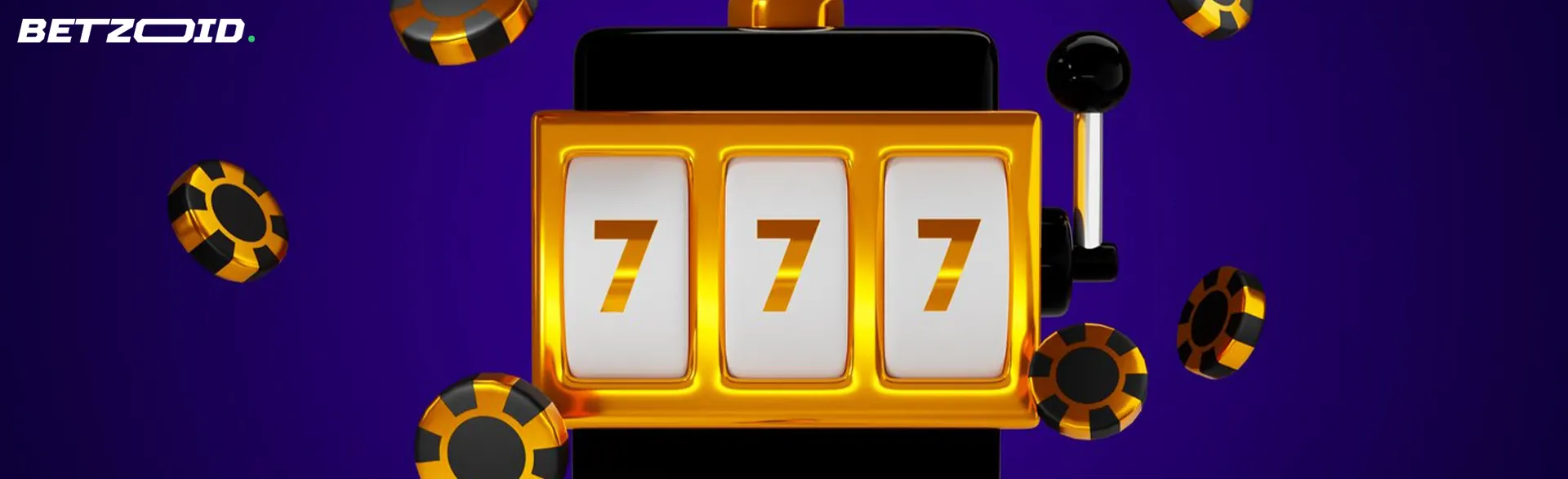 Slot machine con sette dorati e fiches in aria.