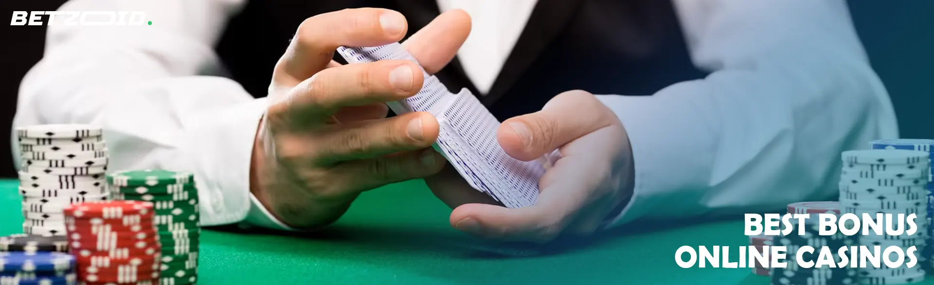 The player shuffles the cards next to the casino chips.