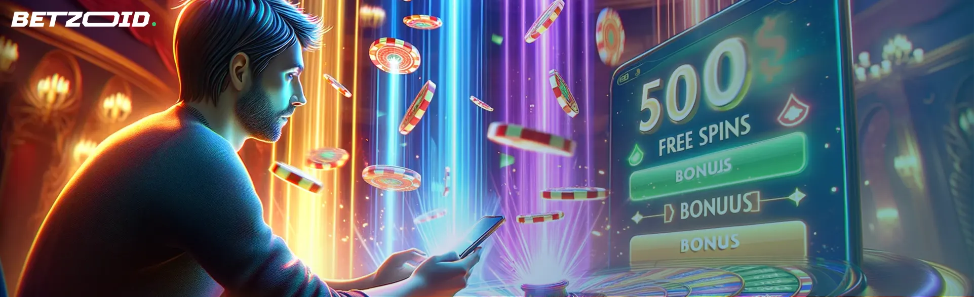 A man plays at an online casino and receives numerous bonuses, including 500 free spins.