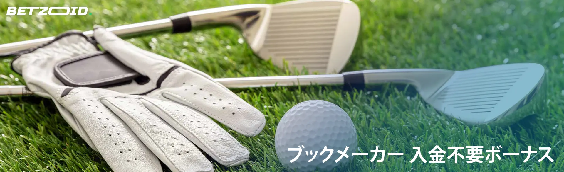 ゴルフクラブ、ボール、グローブが芝生の上に転がっている