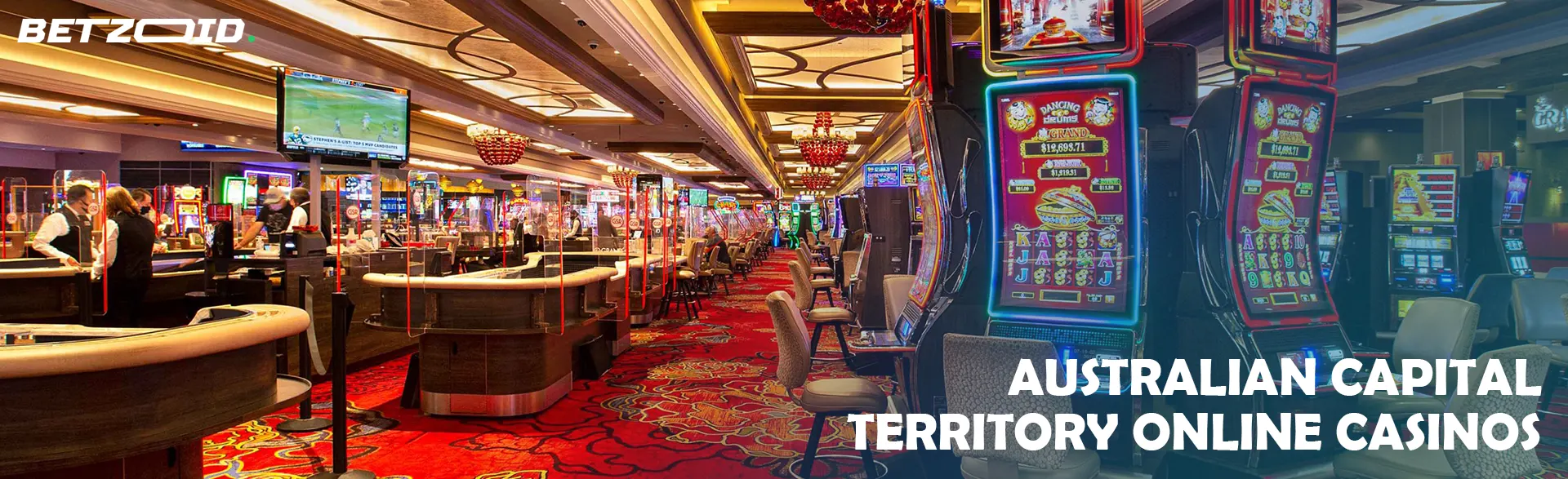 Casino hall with slot machines and tables.