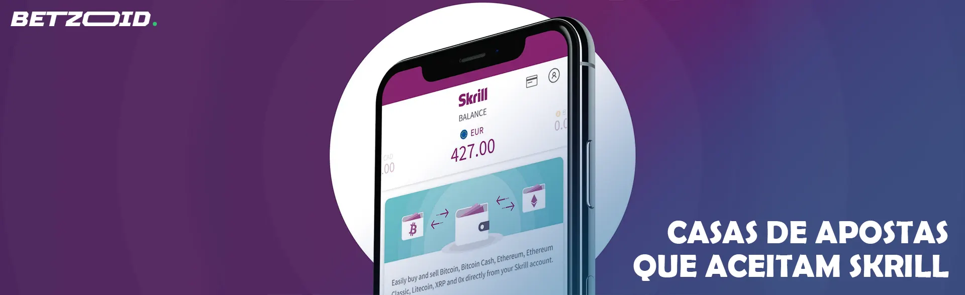 Um smartphone com a aplicação Skrill com saldo em euros.