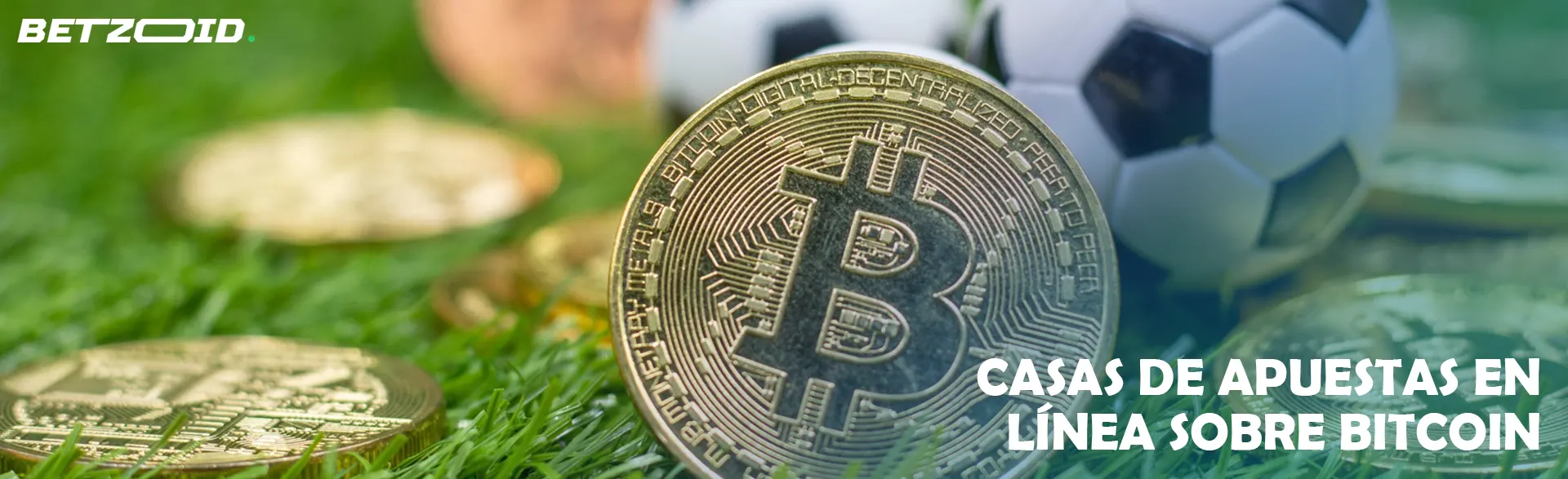 Moneda Bitcoin sobre el césped en el fondo del balón de fútbol.