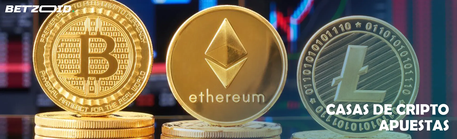 Varias monedas de bitcoin sobre fondo estadístico.