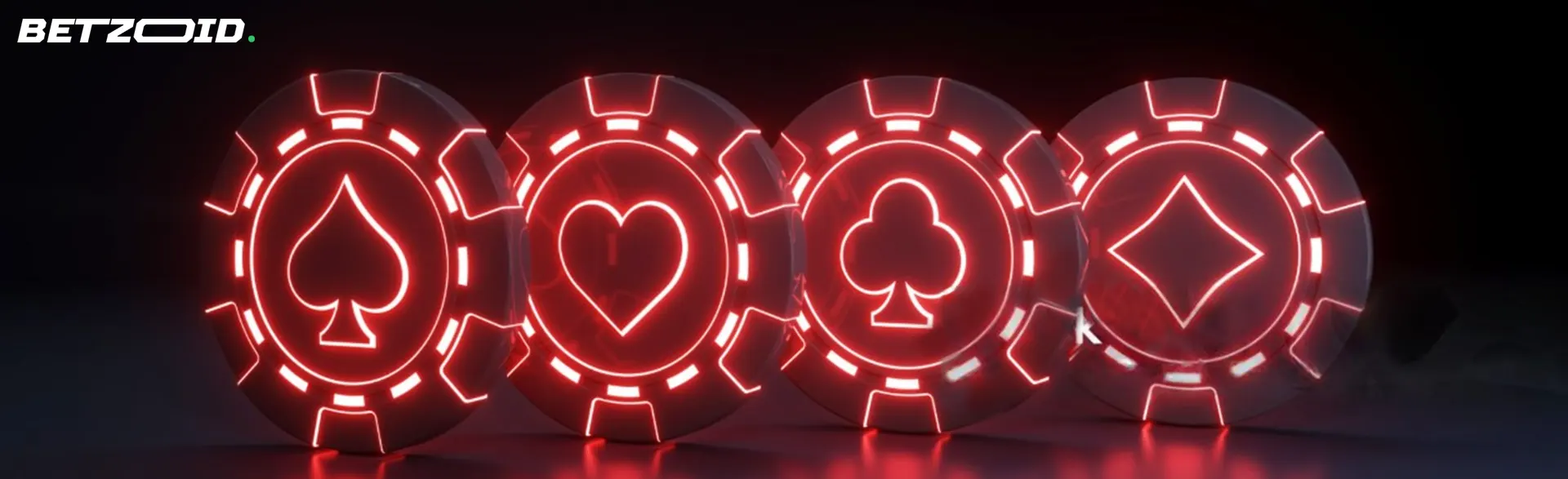 The image features four casino chips lined up horizontally against a dark background.