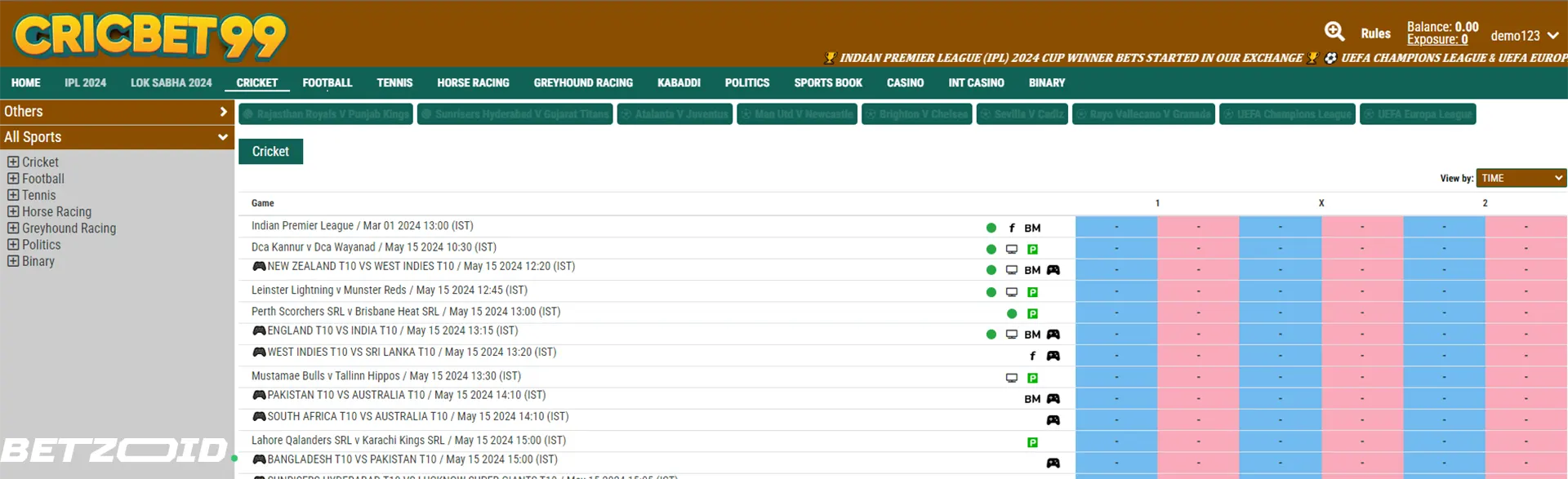 Cricbet99 cricket betting odds and cups.
