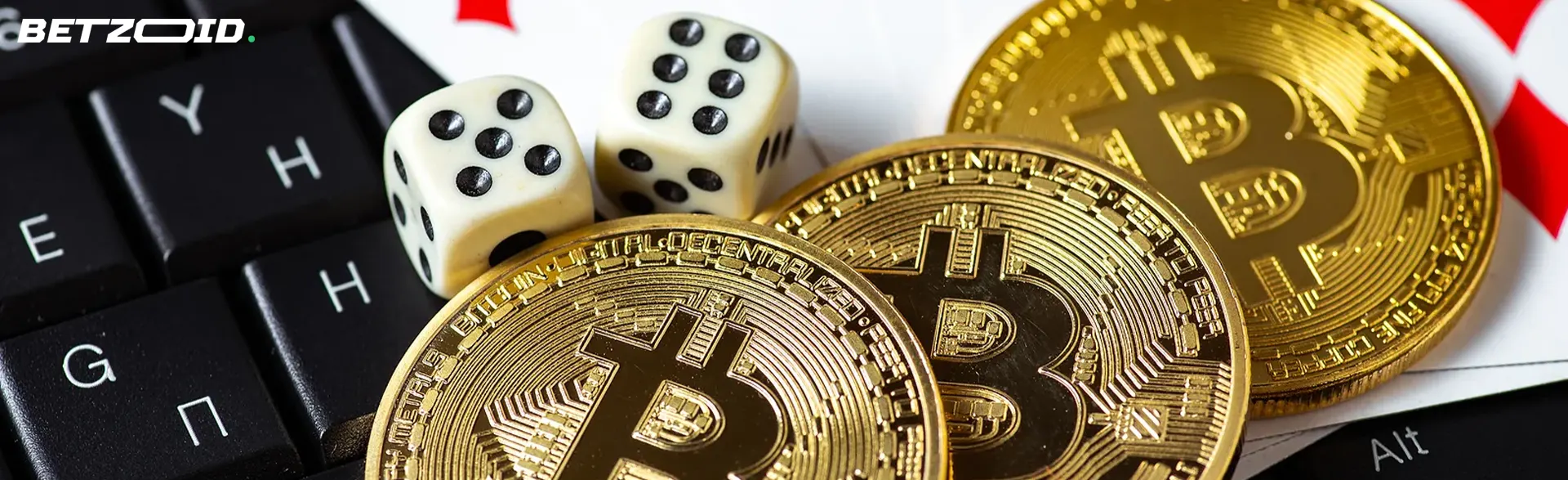 Cryptocurrency coins along with cards and dice lie on the keyboard.