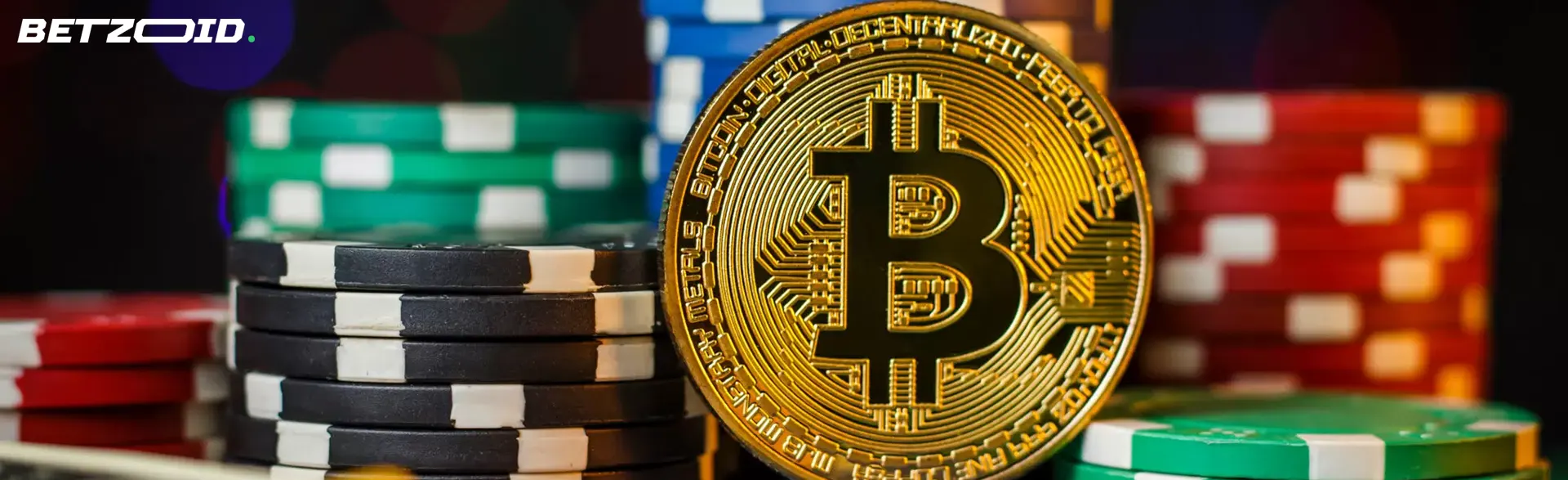 Bitcoin coin next to casino chips.