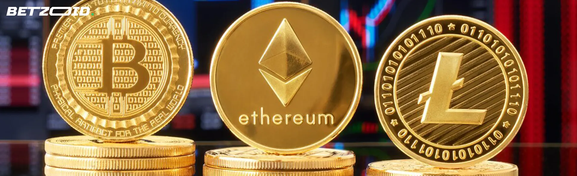 Criptomonedas Bitcoin, Ethereum, Litecoin en el fondo de los gráficos.