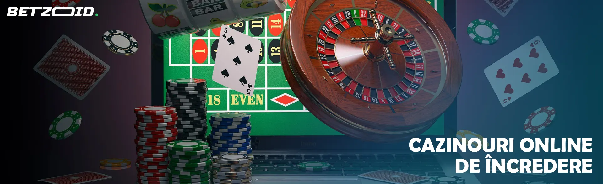 Diverse elemente de cazinou online zboară de pe ecranul laptopului.