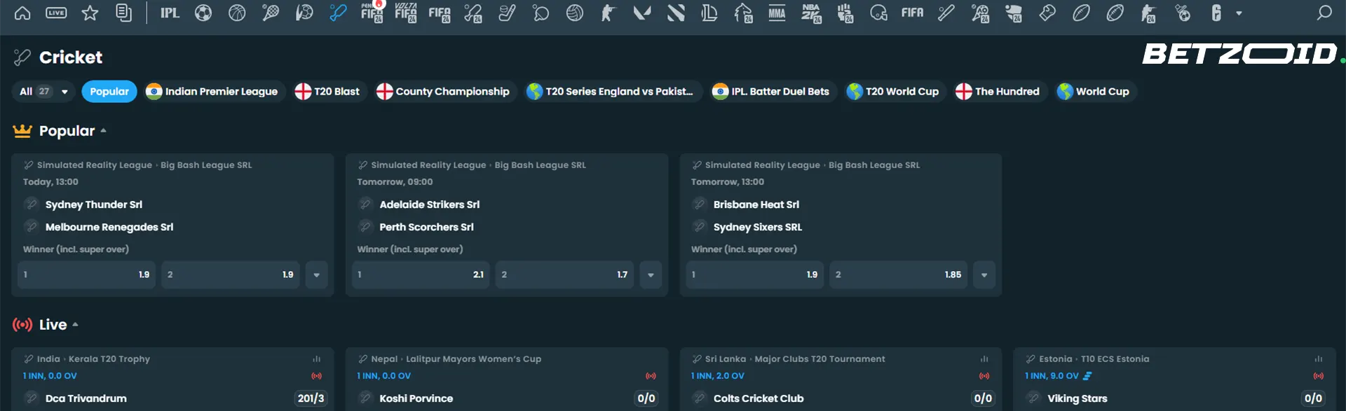 Dial4Bet cricket betting showcasing match options and odds.