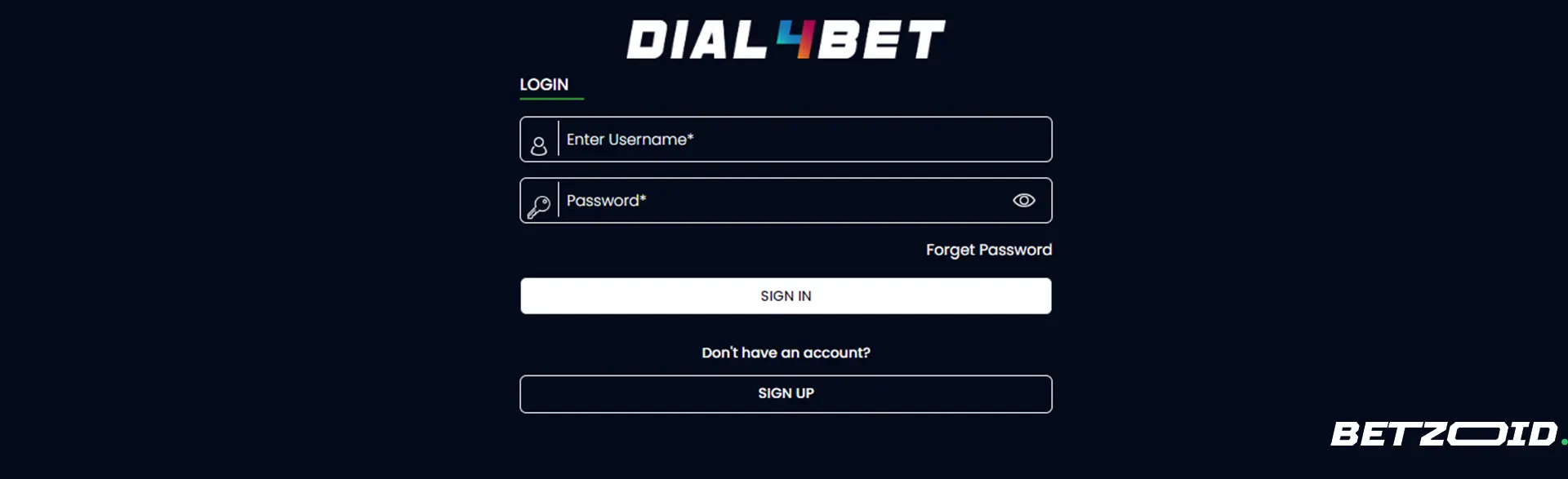 Dial4Bet login page interface for accessing account.
