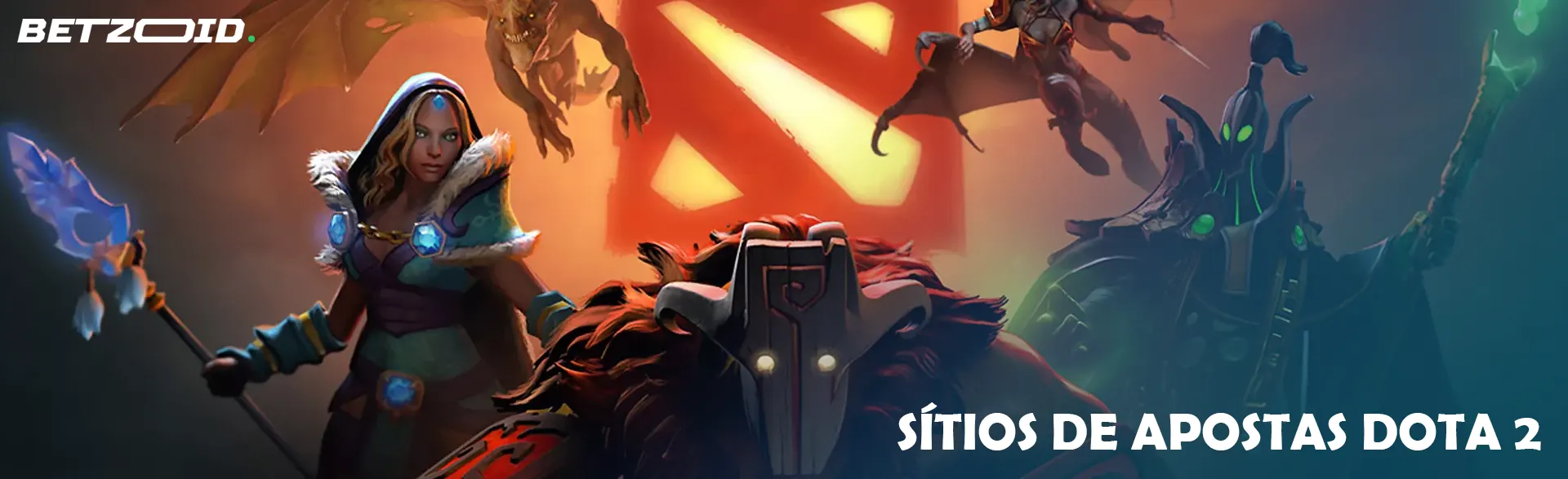 Personagens do Dota 2 no fundo do logotipo do jogo.