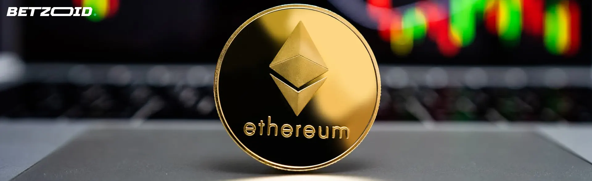 Ethereum cryptocurrency coin on a background of graphs.