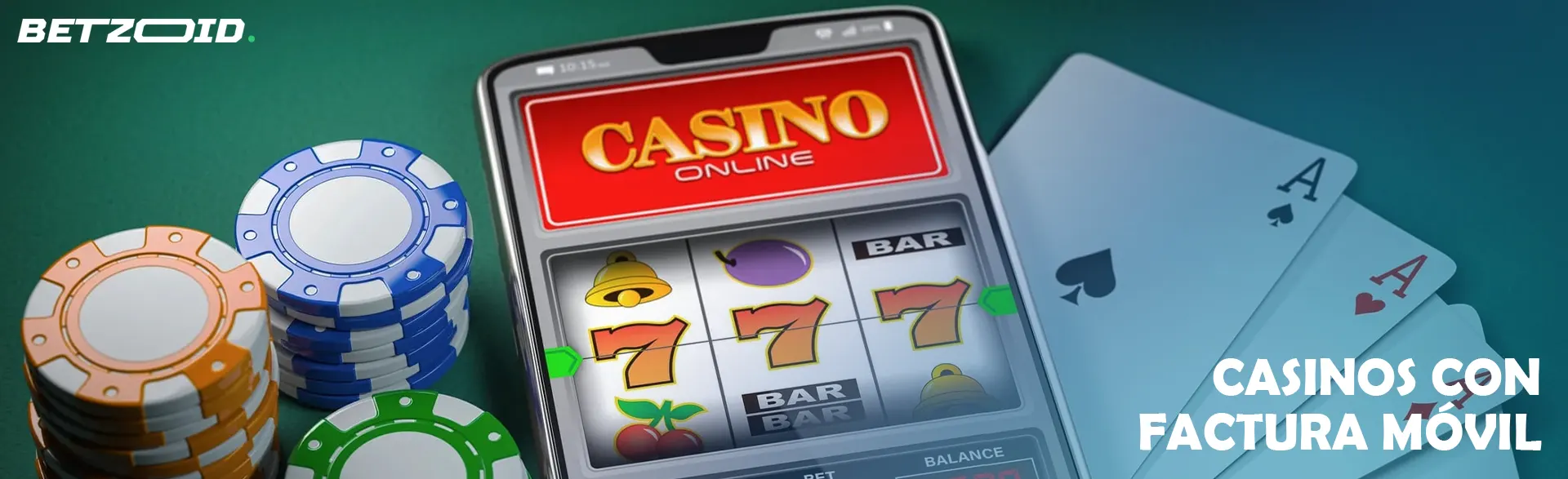 Teléfono inteligente junto a fichas y tarjetas de casino.