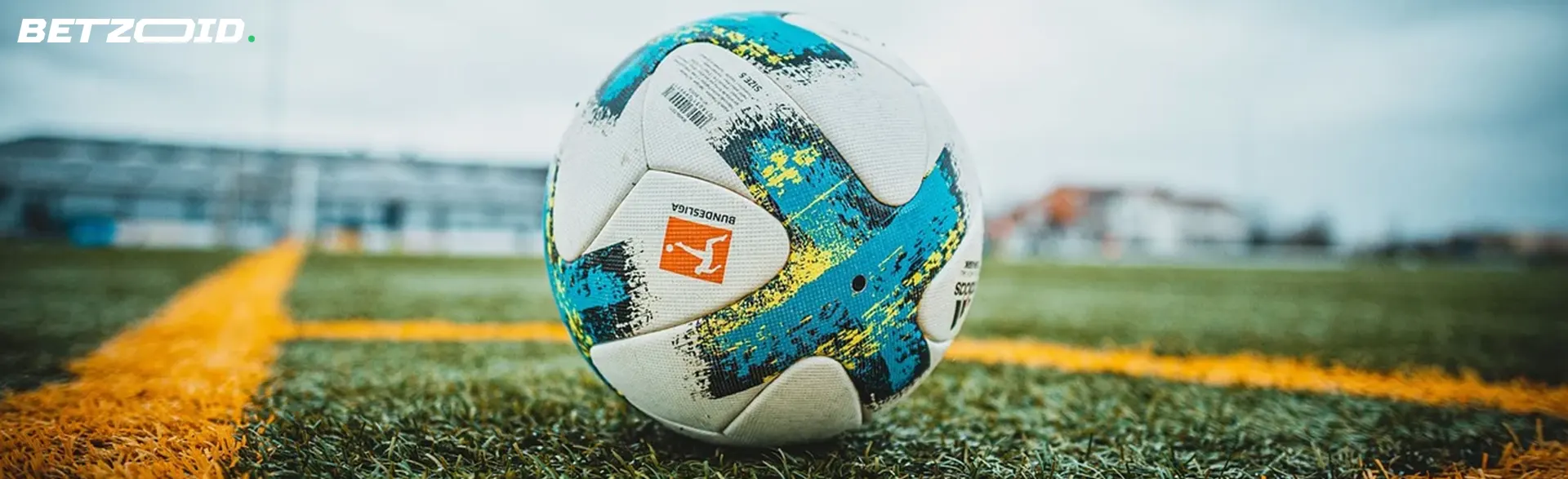 Close-up of a colorful soccer ball on a grass field with line markings visible in the background